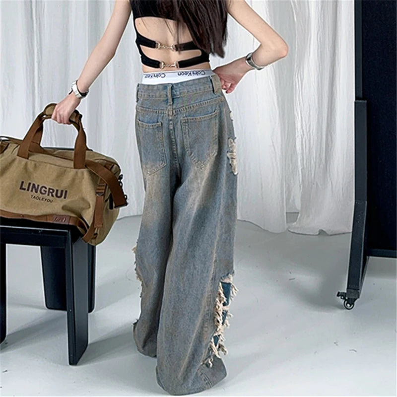 Kids Child American Vintage Washed and Distressed Jeans with Side Hole For Girl High Street Fashion  Wide Leg Broken Denim Pants