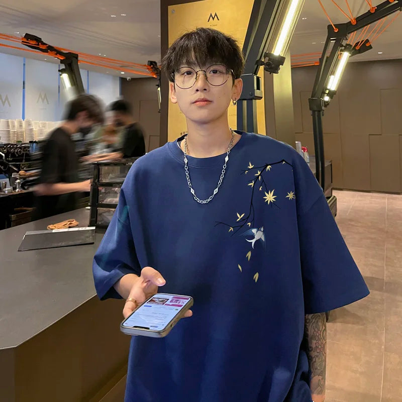 Men's Oversized T-shirts Mens Cotton T Shirt White Casual 5XL Summer Wear Fashion Bird Print Tee Shirts for Men Clothing