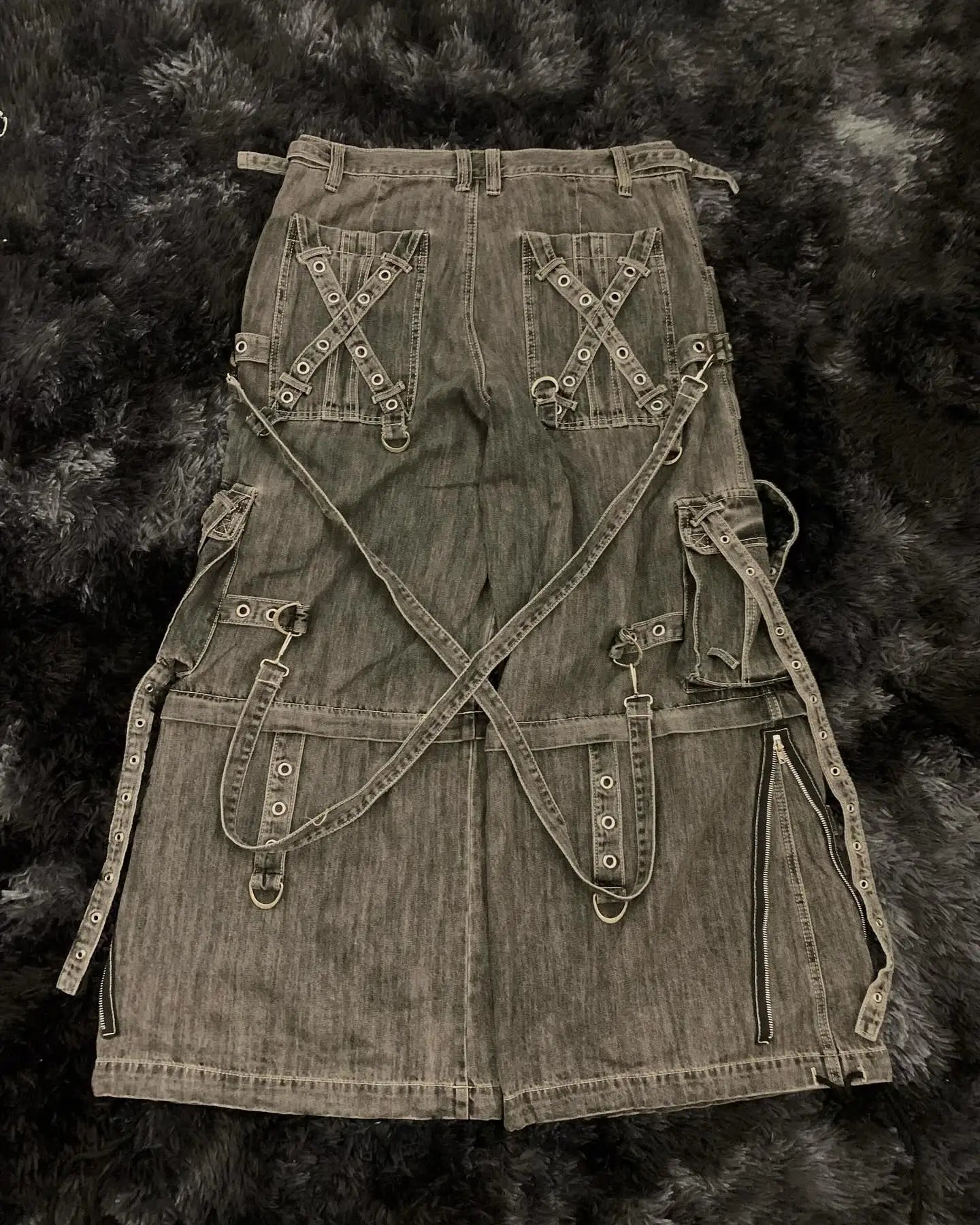 Punk Retro Trendy Strap Jeans Y2k Men Women Hip Hop Multi Pocket Baggy Denim Pants Fashion Patchwork Cargo Trouser Streetwear