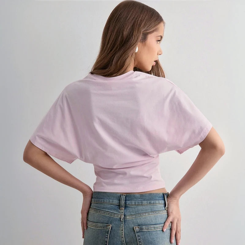 CUTENOVA Women'S Summer Loose Short-Sleeved T-Shirt Tops Waist Slimming Sweet And Hottie Design Sense Positive Shoulder Top