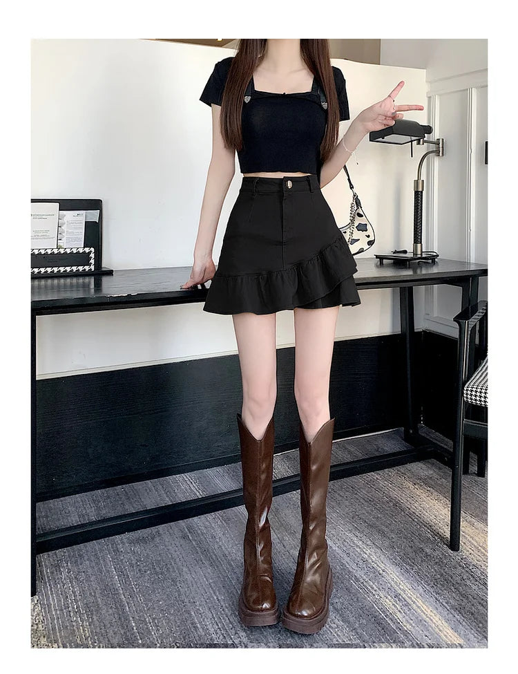 High Waist A-Line  Skirt Women's Spring Summer Denim f-length Skirts with Lace Hemline Cotton Polyester Blend