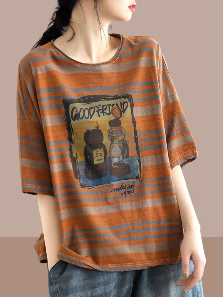 plus Size Women's Cotton T-irt ort Sve Slimming Top Summer Street Sle Printed round Ne Loose Fit Casual Wear