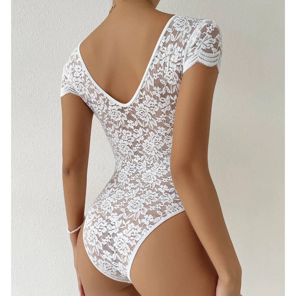 Women's Elegant White Lace Bodysuits Summer One Piece V-neck Jumpsuit Thongs Bodyshaper Tops Fashion Sexy Slim Fitted Shapewear