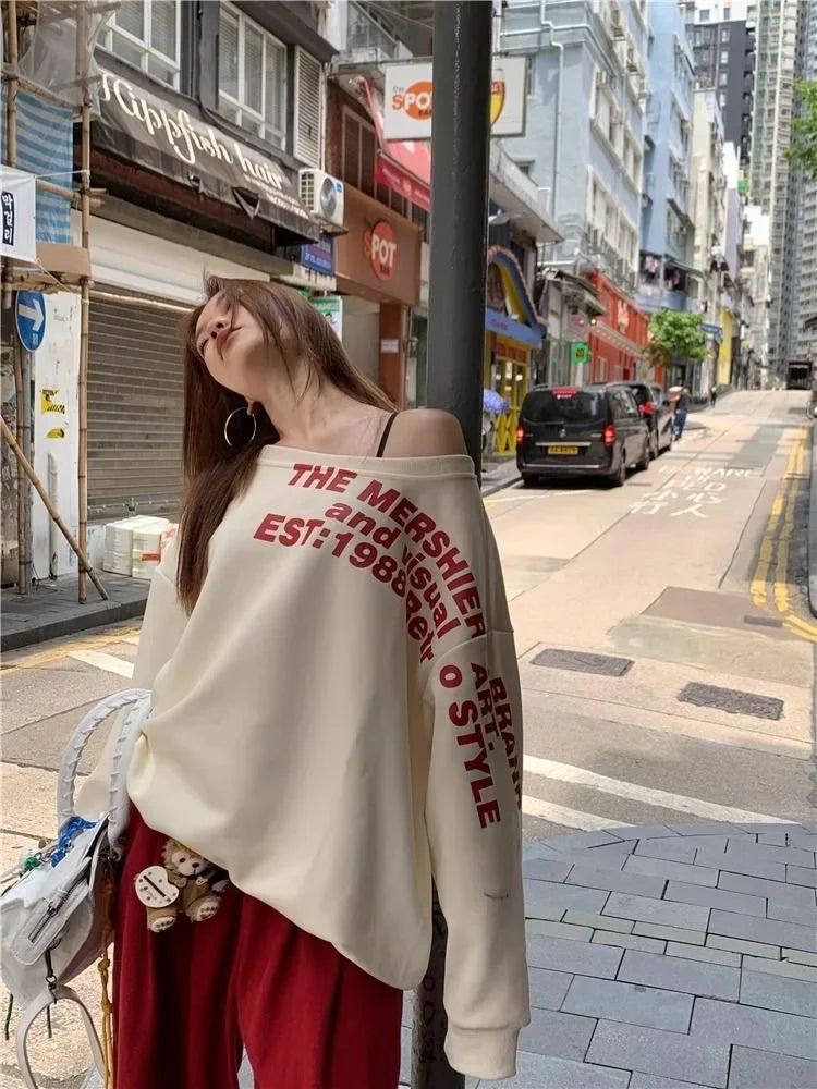 Shoulder Bared Vintage Print Letter Long Sleeve Sweatshirt Women's Autumn New Style Small Audience Oblique Shoulder Irregular Lo