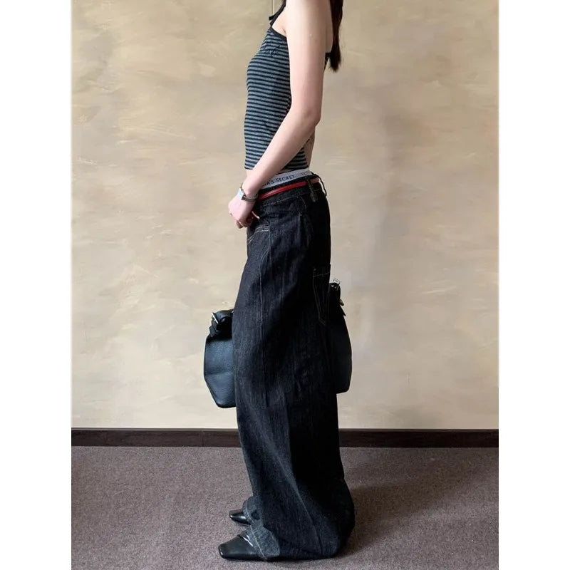 American Retro Primary Color Scimitar Jeans Women's Summer New High Street Design Loose and Thin Wide Leg Floor Pants