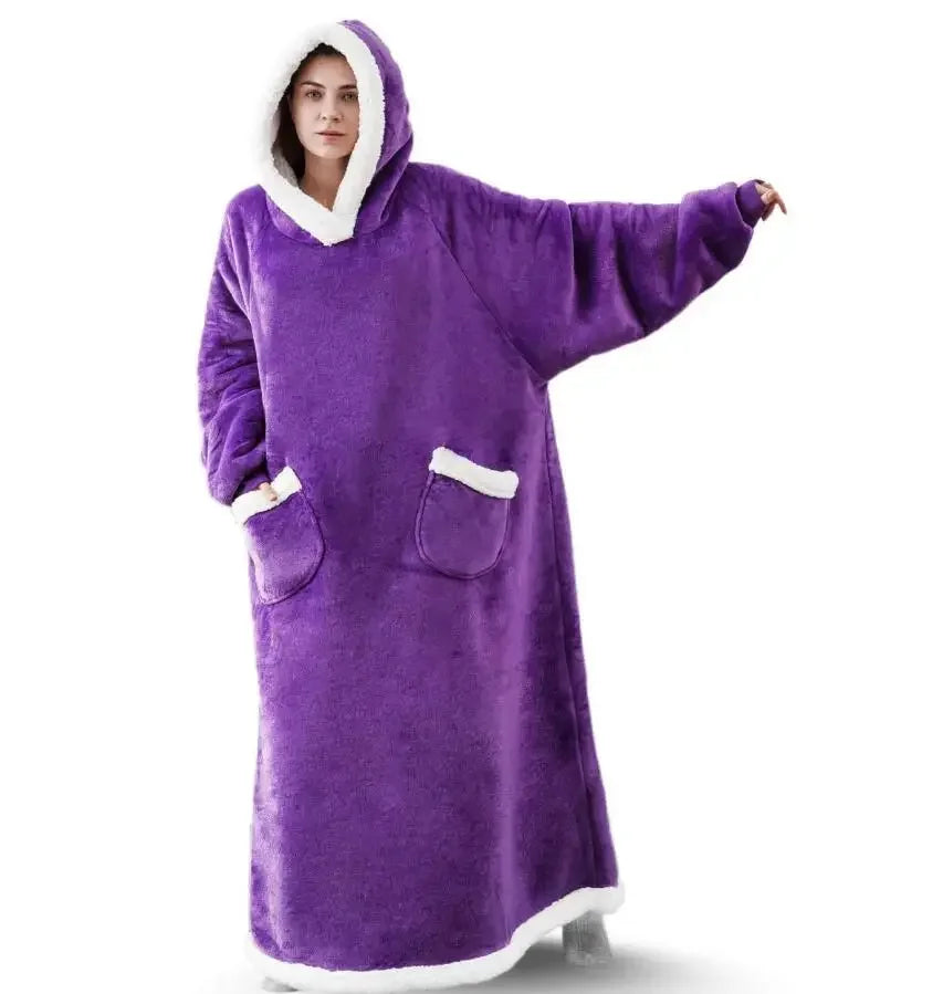 2024 Winter Super Long Flannel Blanket Winter Hoodies Sweatshirt Women Men Pullover Fleece Giant TV Oversized Blanket