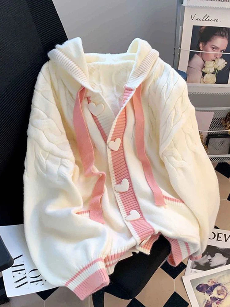 Jmprs Cute Sweet Cardigan Sweaters Women Lazy Wind White Knitted Coats Long Sleeve Loose Female Japan Kawaii Elegant Hooded Tops