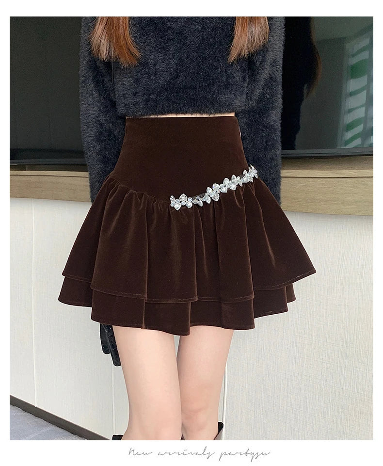 Bla Velvet Cake f Skirt Women's Autumn Winter High Waist A-Line Fluffy ort Skirt Small Size Pleated f Skirt