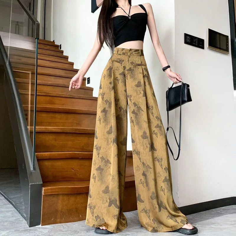 Zoki Bufferfly Print Satin Wide Leg Pant Women Loose Elegant Fashion High Waist Korean Trousers Casual Sweet High Quality Pants
