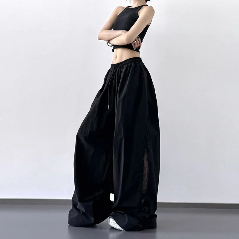 Jmprs Lace Patchwork Wide Leg Pants Women Oversize Streetwear High Waist Vintage Trousers Korean Casual Summer Sweet Retro Pants