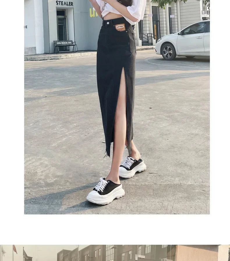 Mid-Length Denim Mini Skirt for Women High Waist Slimming Split Knee-Length Summer Trendy Cotton Half Body Skirts