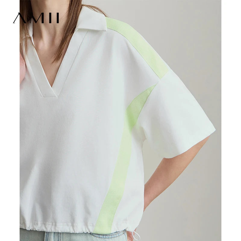 Amii Minimalist Cotton T-Shirts For Women 2025 Summer New V-Neck Pullover Loose Short Shoulder Sleeve Chic Commute Tops 12552001