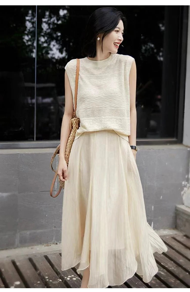 Women's Fashion Sleeveless Tees ONeckPullover Summer Worsted Wool Top Hollow Out T-Shirts Simple Elegant And Smooth Cool Comfort