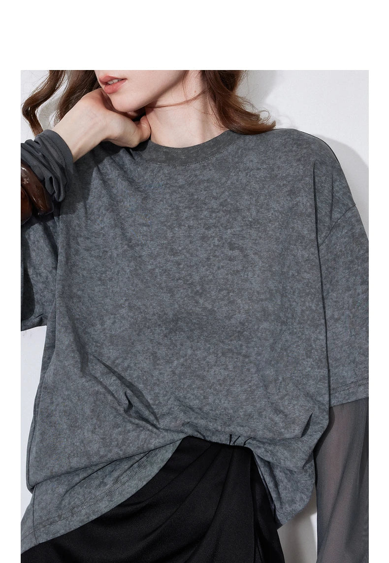 TOYOUTH Women T shirt 2025 Spring New Fake Two Piece Printed Round Neck Fashionable Pullover T shirt