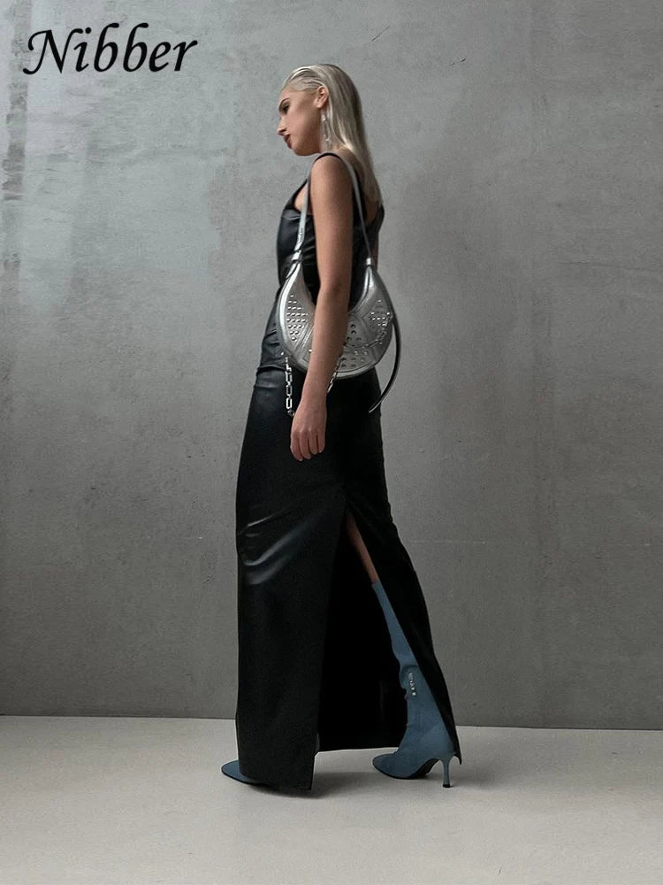 Nibber Vintage Elegant Dress Women Summer Leather Classic Sleeveless Slits Basic Simple Trend Solid Stretch Party Long Bodycon