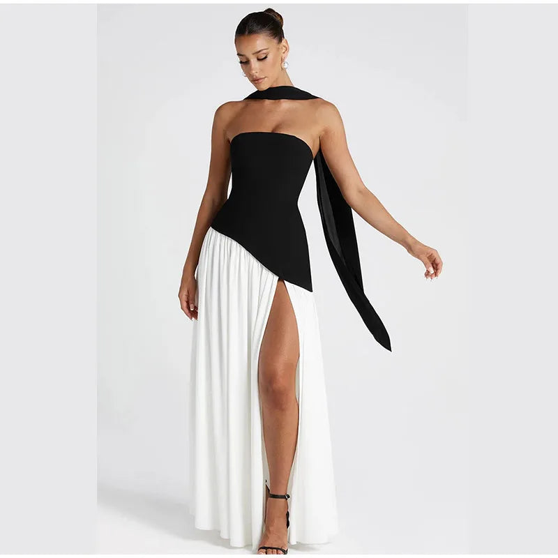 Butter Yellow Scarf Neck Split Long Dress Women Elegant Strapless Slim Fit High Waist Vestidos 2025 Lady Evening Party Gowns New
