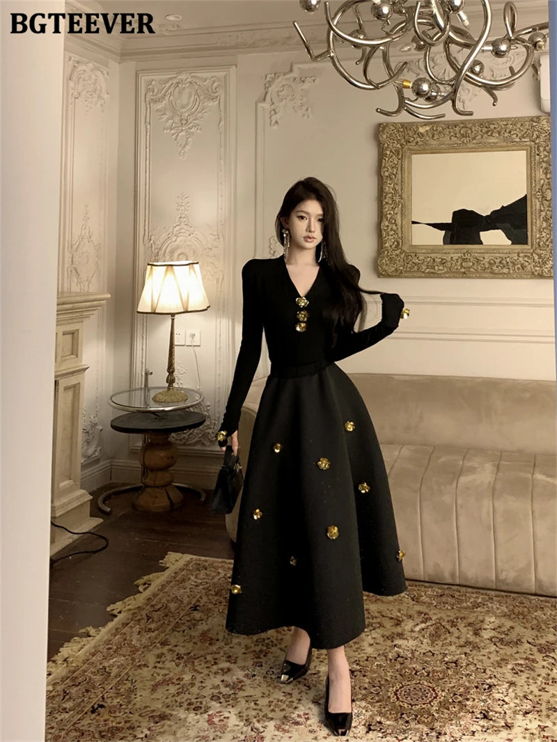 BGTEEVER Spring Elegant Ladies 2 Pieces Skirt Set Long Sleeve V-neck Pullovers & High Waist Loose A-line Skirts Women Outfits