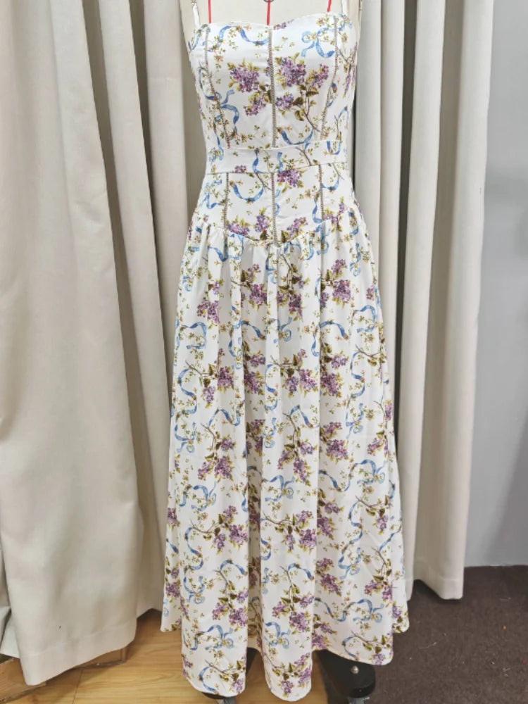 Chic Flower Print A-line Maxi Dress Women Elegant High Waist Strapless Backless Slim Vestidos 2025 Lady Summer Vacation Robes