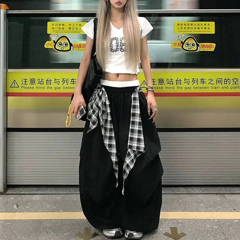 Y2K Black Cargo Pants Women Streetwear Plaid Patchwork Baggy Sweatpants Harajuku Wide Leg Joggers Summer Korean Casual Trousers