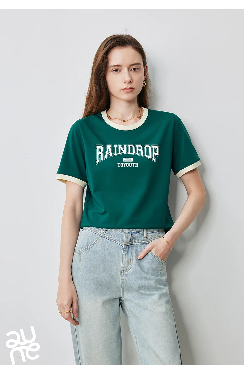 TOYOUTH Women Short Sleeve T shirt 2025 Summer New Color Blocked Letter American Style Antibacterial Cotton Tops GT5210004