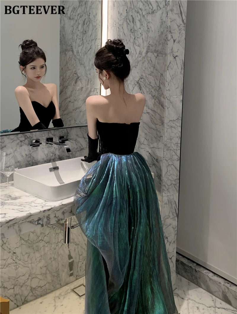 BGTEEVER Fashion Spring Ladies Sleeveless Party Velvet Dress Elegant Slim Waist Women Floor-Length Package Hip Strapless Dress