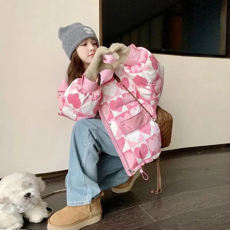 Duck Down Coat for Women, Loose and Thicken Hooded Parkas, Printed Outerwear, Female Bread Jackets, Winter Clothing, New, 2024