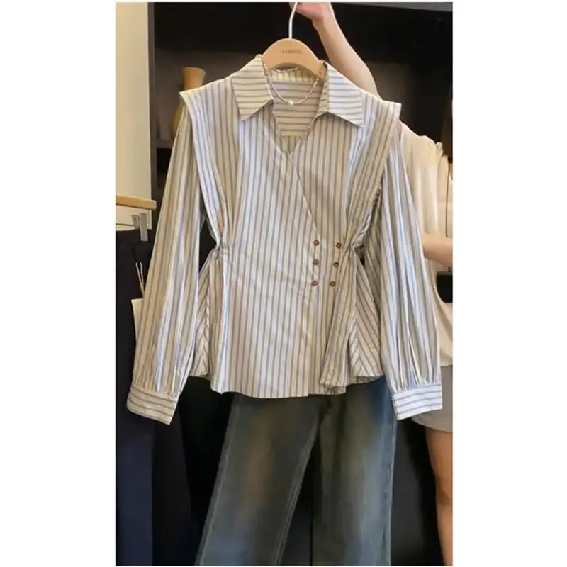Elegant Slim Fit Long Sleeve Striped Shirt Design Spring Autumn Women Fashionable Waist Cinching Button up Casual Shirt