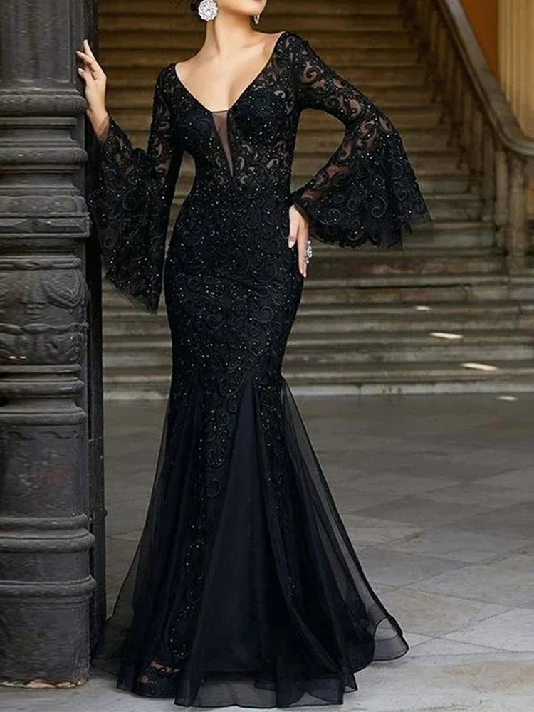 Rafiah Boutique Women's Even Dress 2025 Summer Sophisticated Glamorous Long Dress Long Sleeve V-Neck Wedding Mermaid Hem