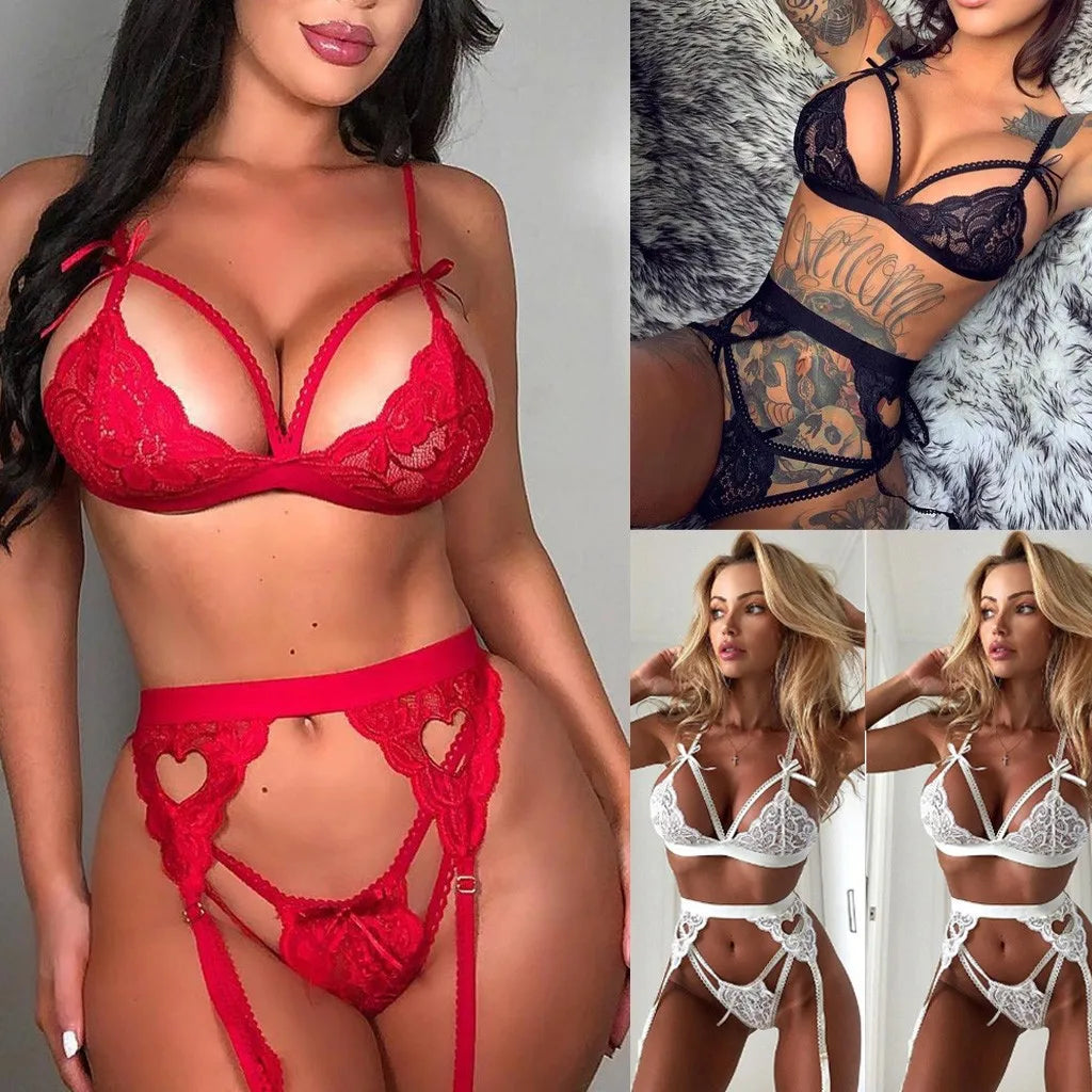 Leechee Sexy Women's Underwear Floral Lace Lingerie Set With Garter Black Wire Free Brassiere Transparent Underwear Bra Sets