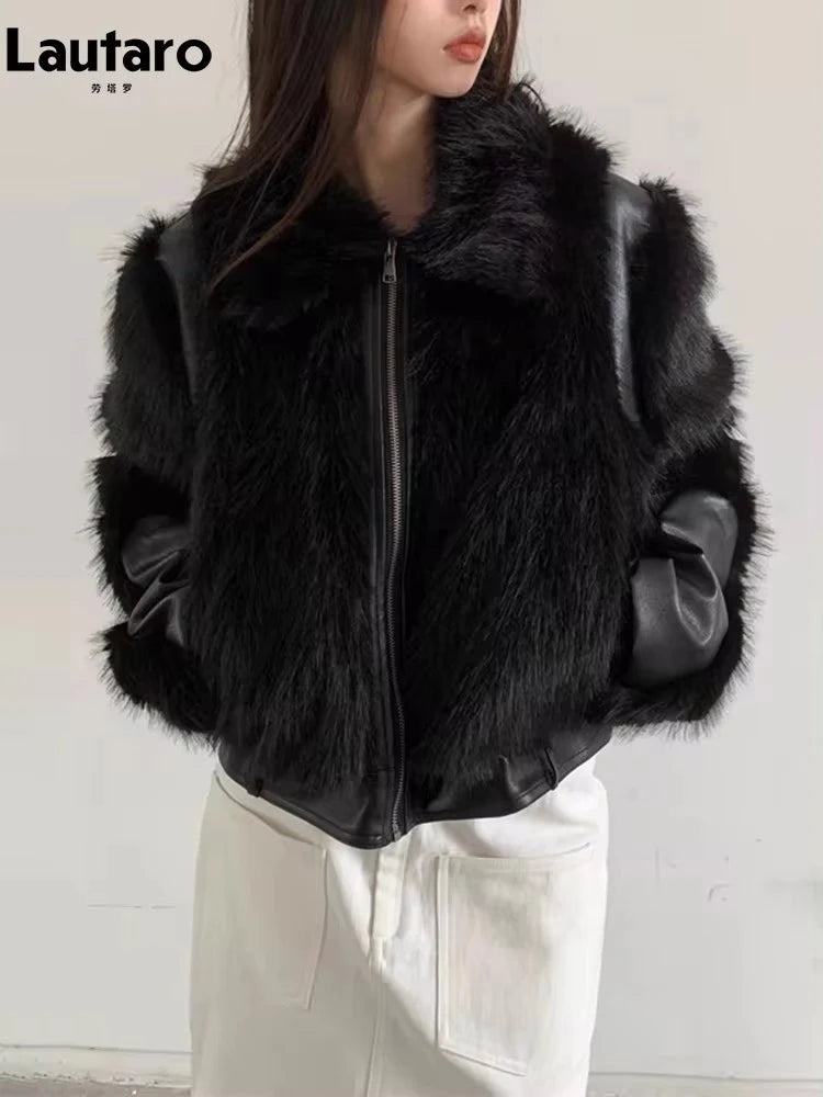 Lautaro Autumn Winter Cool Short Black Soft Thickened Warm Hairy Shaggy Patchwork Faux Fox Fur Coat Women Fluffy Jacket 2023