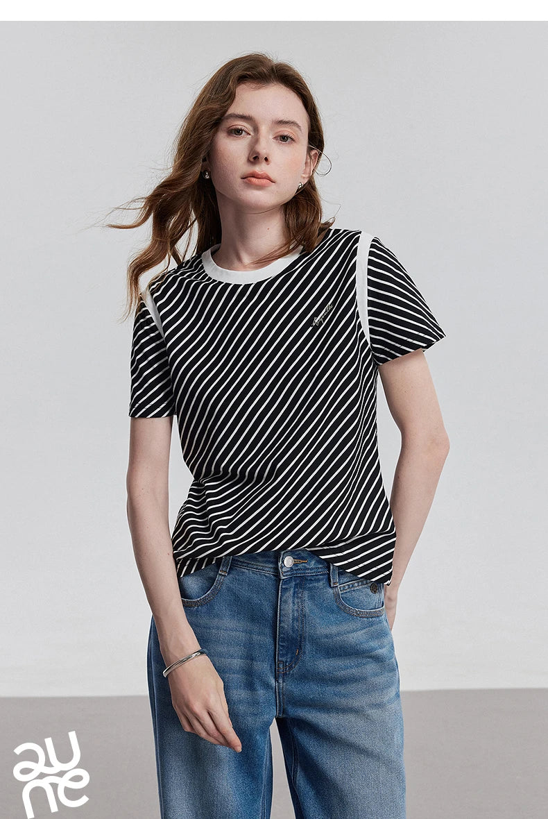 TOYOUTH Women Short Sleeve Striped T shirt 2025 Spring New Tops 8521021