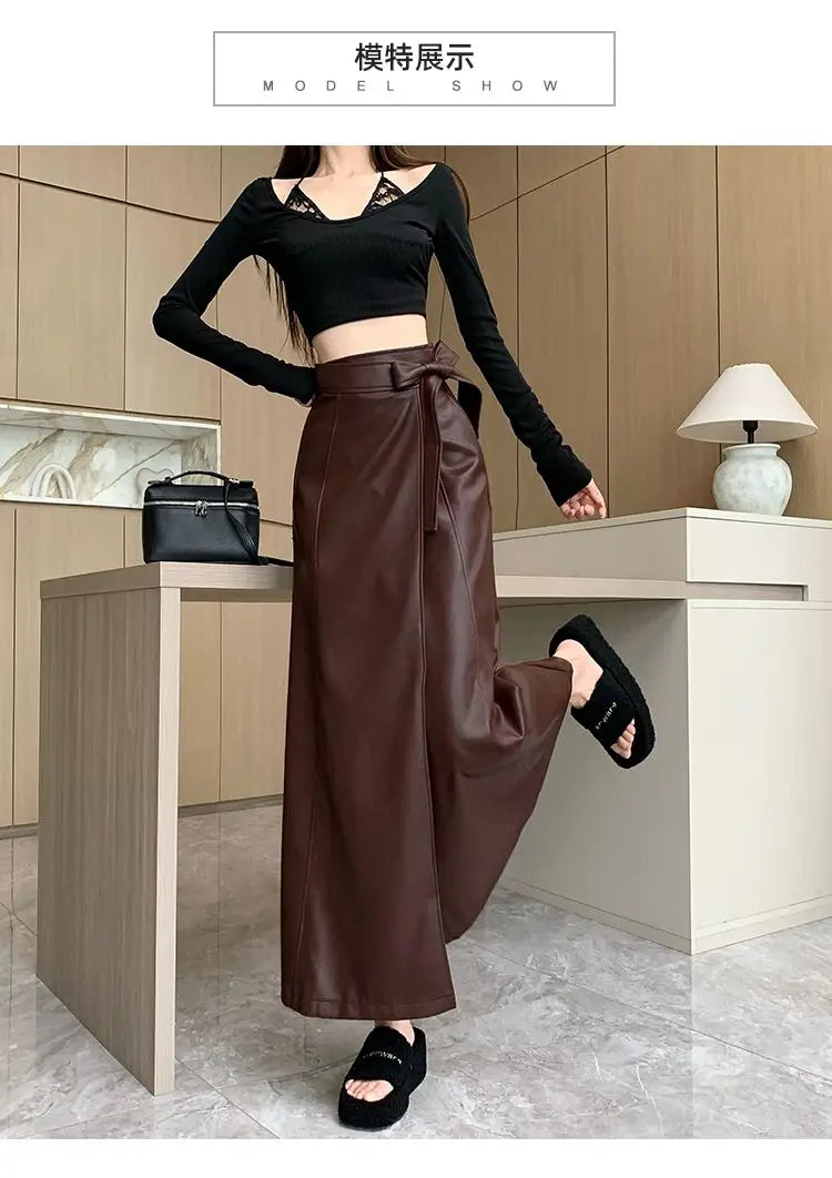 Women Clothing Autumn Winter Vintage Elegant Lace-up PU Leather Long Skirts Female Red High Waist Slim A-line Maxi Skirt Faldas