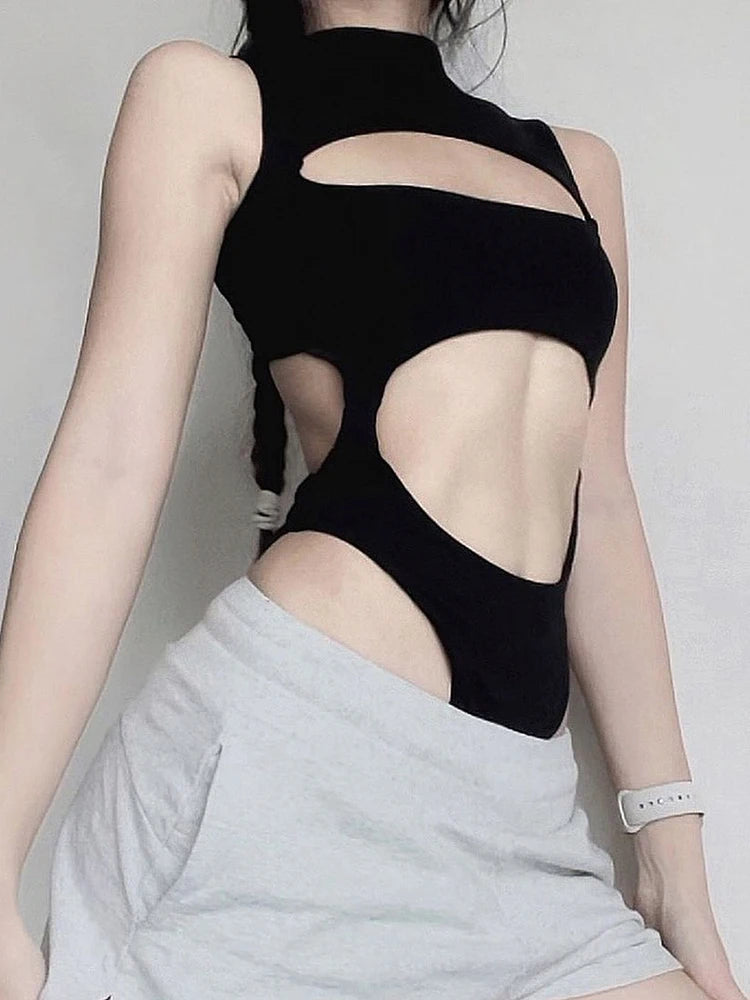Rockmore Hollow Out Bodysuit Rave Clubwear Lingerie Enchanting Sexy Body Overalls Tops Women Streetwear Backless Jumpsuit Black