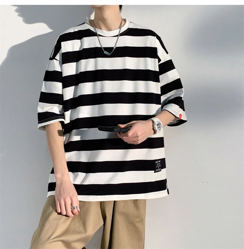 Men's Cotton T-shirt Striped Mens Oversized T Shirts Split Hem Fashion Tee Shirts Casual Wear Summer Tshirt 5XL Big Size for Man