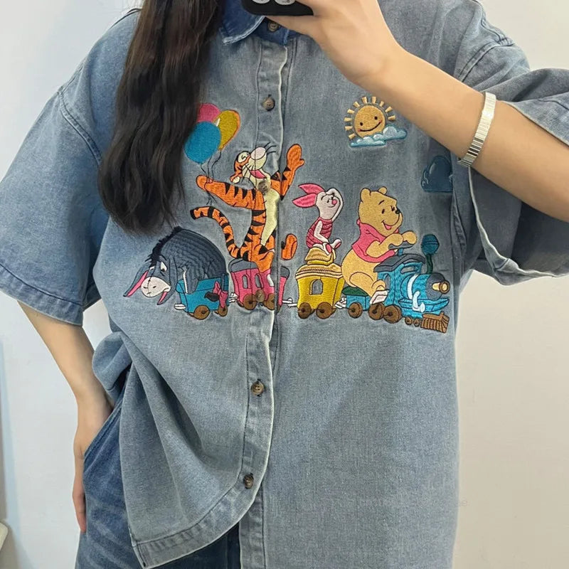 Disney Winnie The Pooh Antique Style Niche Childlike Fun Embroidery Denim Shirt Womem's Summer Loose Shirt Casual Versatile Top