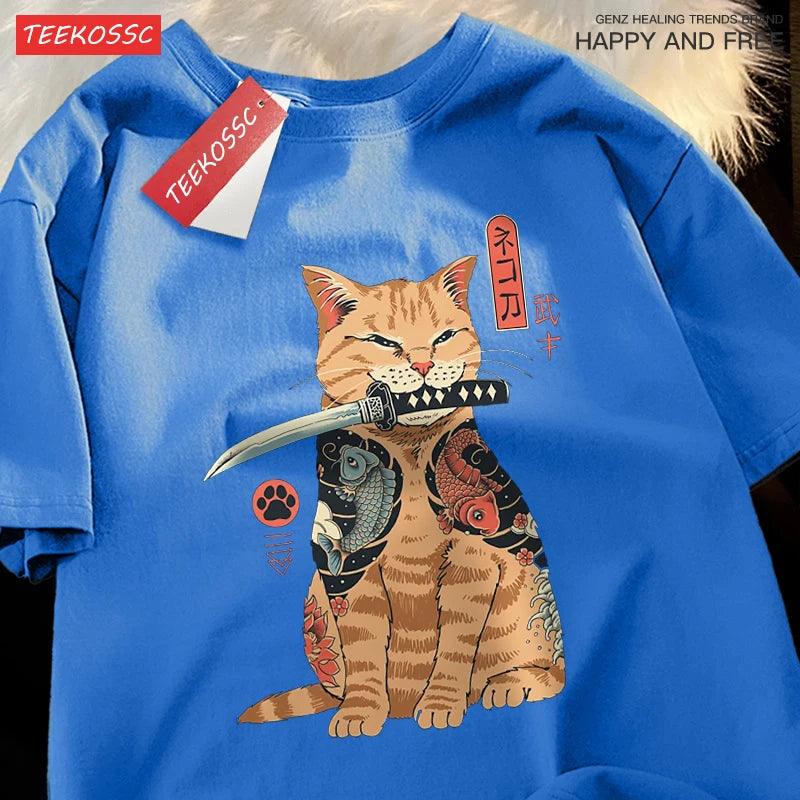 Japanese Harajuku Samurai Sword Cat T-Shirt Men Women Casual Tee Clothes Cotton Summer Tops Breathable Oversized T-Shirts Couple