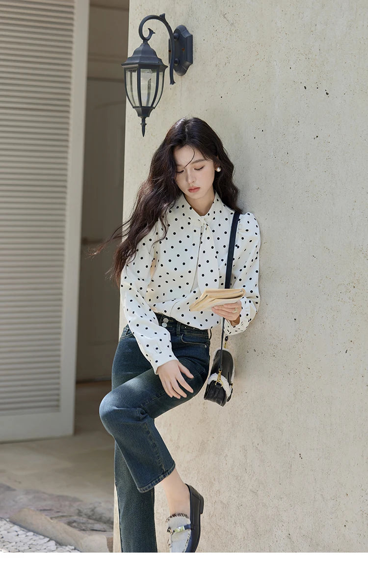 MISHOW Wave Point Long Sleeve Brushed Blouse Rabbit Ear Collar 2024 Winter Women Clothes Temperament Thickened Shirts MXD56X1697