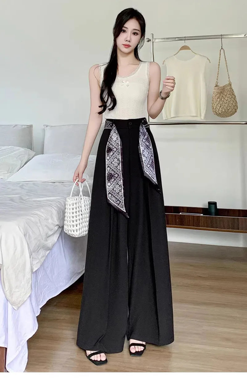 Zoki Chic Lace Up Suit Wide Leg Pant Women Elegant Loose High Waist Bow Trousers Korean Fashion Female Casual Sweet Pants New