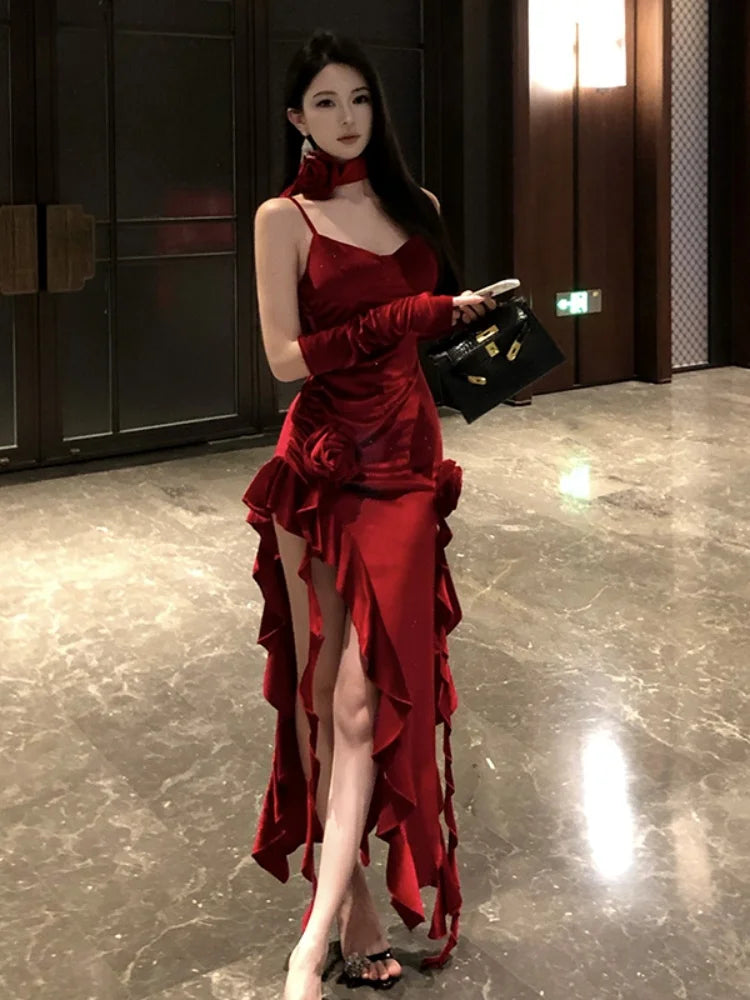 Women Elegant Irregular Ruffles Velvet Red Spaghetti Strap Dresses Sexy Bodycon Side Slit Evening Party Dress Female  Vestidos