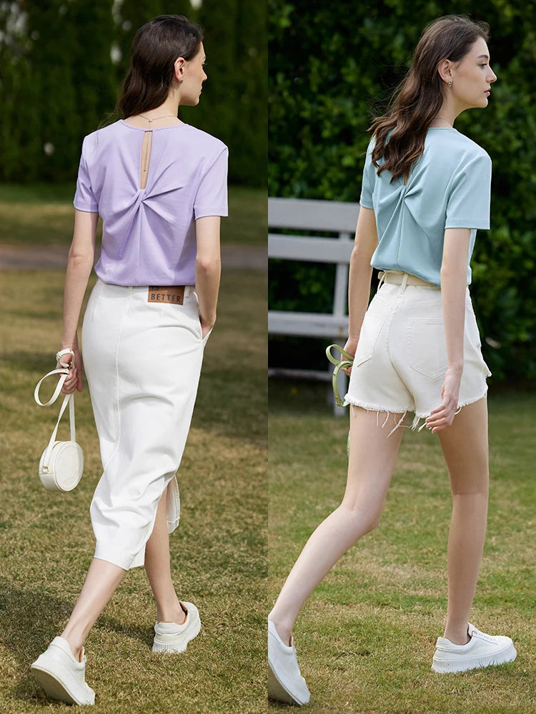 AMII Minimalism 100% Cotton Hollow Out Solid Short Sleeves Tees 2025 Spring New V Neck Top Women Casual Female T Shirt 12342289