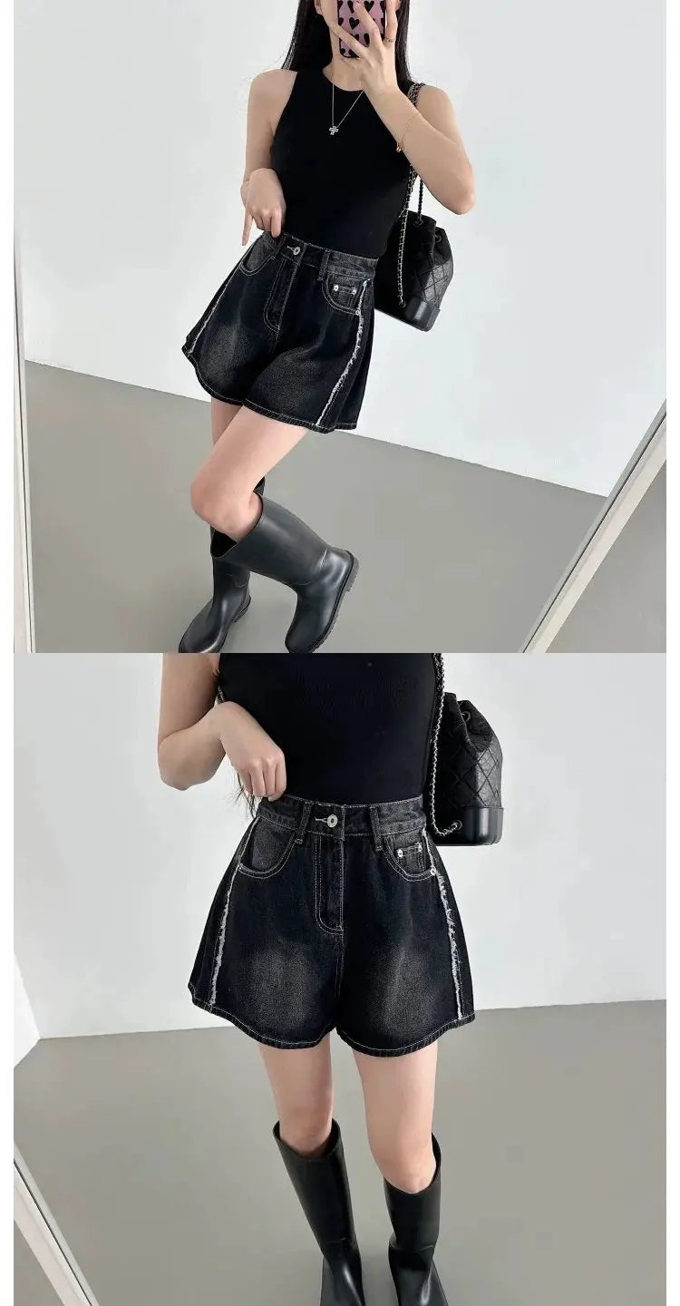 Retro Waed Distred High Waist Wide Leg Jeans orts Casual Sle A-Line Loose Fit Summer Denim orts for Women