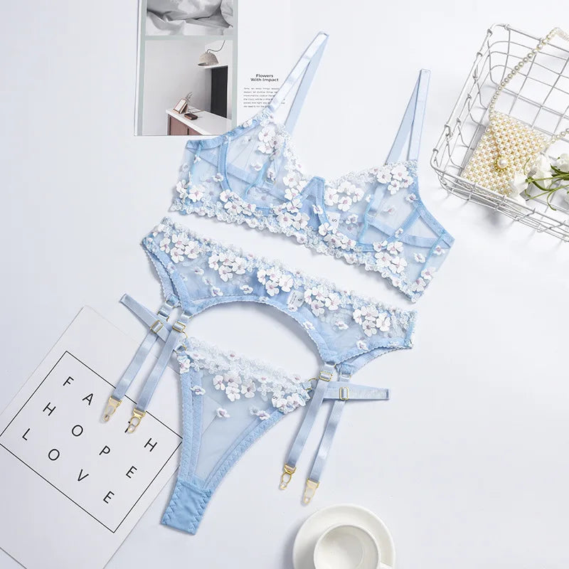 Floral Embroidered Sheer Lingerie Set Underwire Push Up Bra Thong Garter Belt See-Through Corset for Bridal Night Boudoir