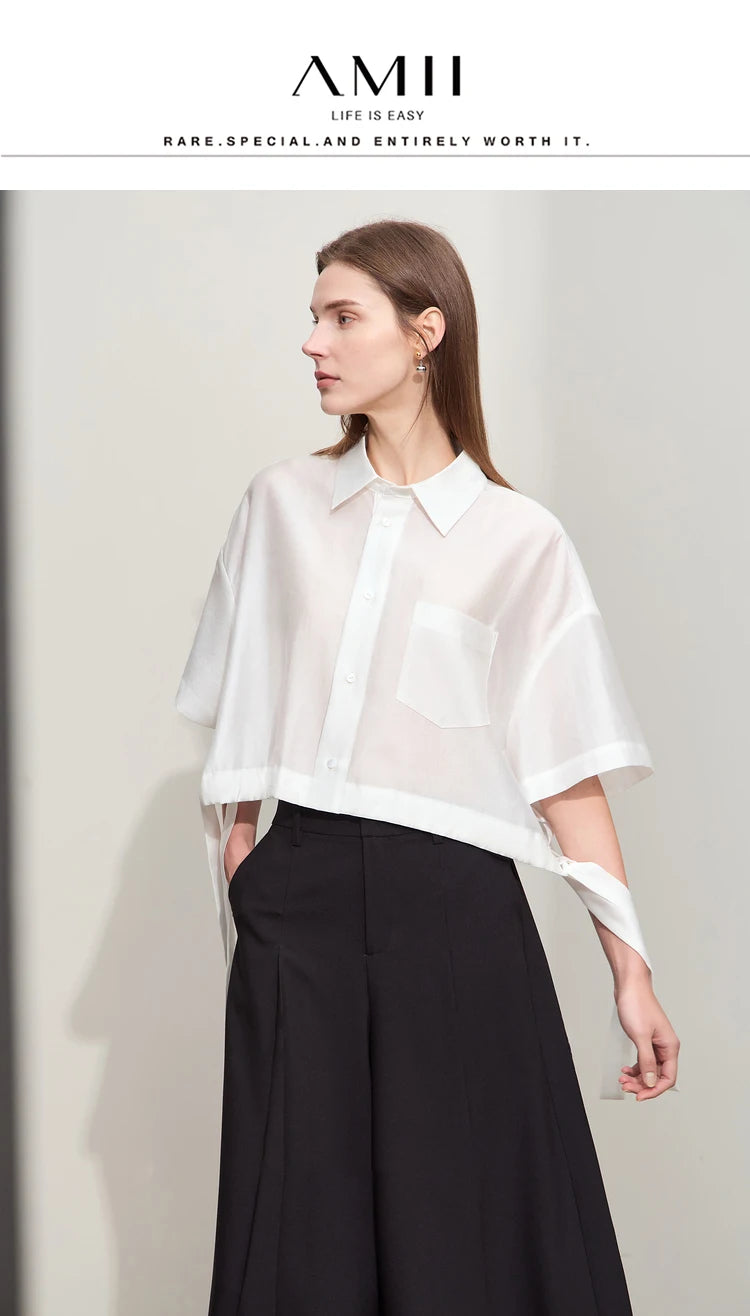 Amii Minimalism 2024 Women Shirt Summer New Lapel Casual Loose Short Belt Female Drop Sleeves Solid Fashion Blouse Tops 12452020