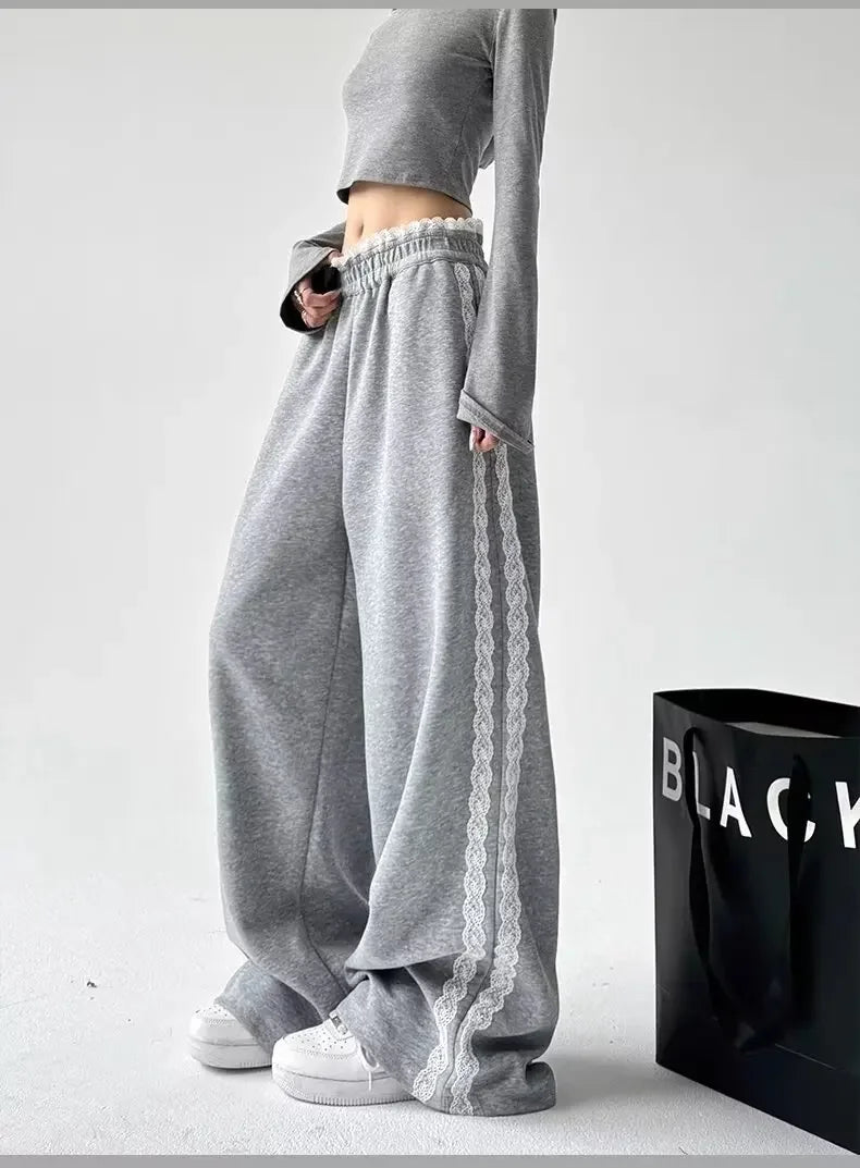 Trendy Casual Wide Leg Pants Women's Autumn Winter High Waist Splicing Lace Trim Drapey Slimming Sporty Trousers