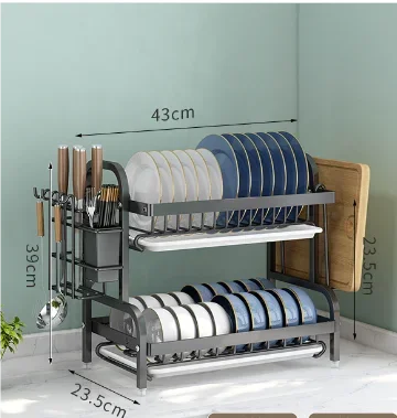 Kitchen 2nd floor storage cutlery and bowl rack set with cutlery rack, large anti rust cutlery drainage board