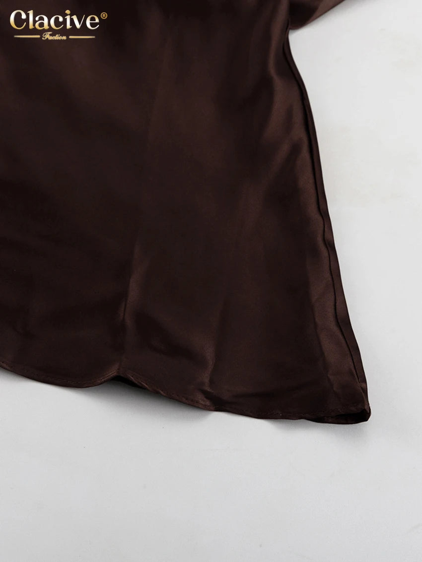 Clacive Fashion Loose Brown Satin Womens Dresses 2025 Summer Strap Sleeveless Floor Length Dress Sexy Backless Female Dress