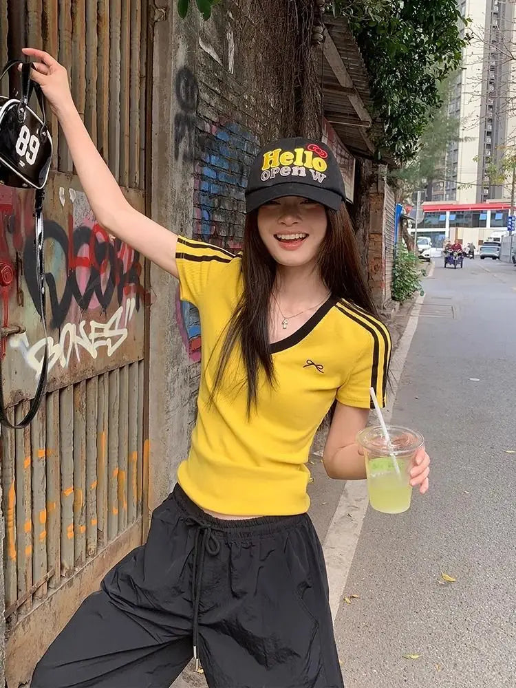 Women Clothing Summer Fashion Casual Striped Color Blocking V-neck Ladies Ladies Simplicity All-match Appear Thin Short Sleeve