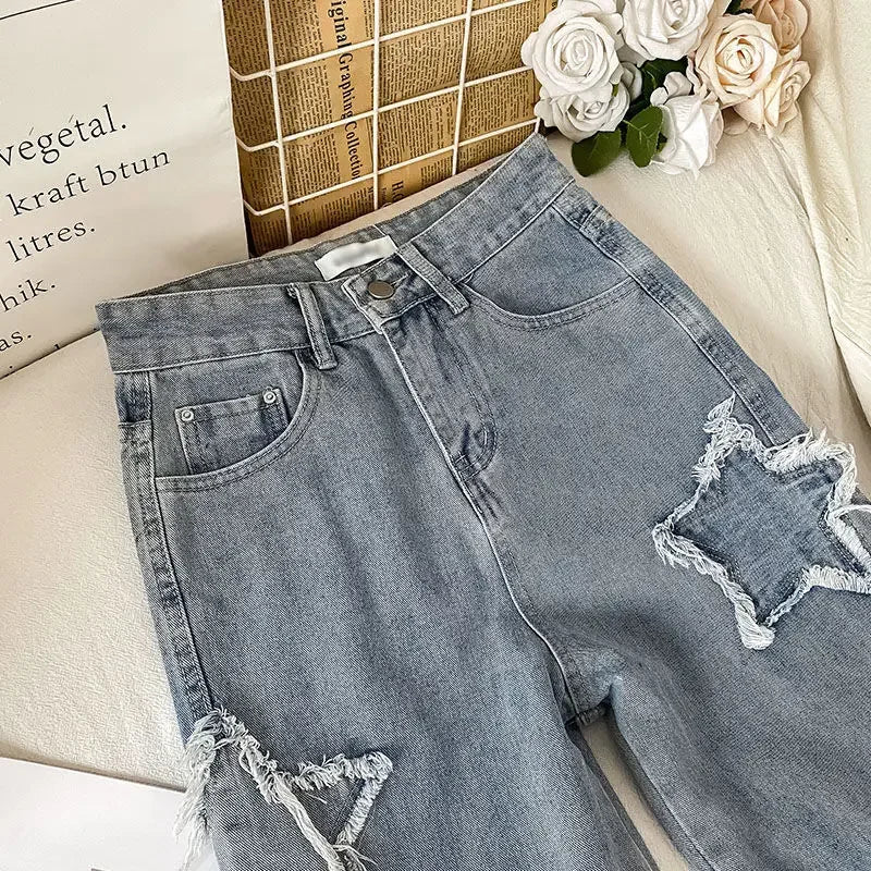 Street Style Embroidered High Waist Straight Leg Jeans Women's Autumn New Design Niche Loose Fit Long Trousers Fashionable
