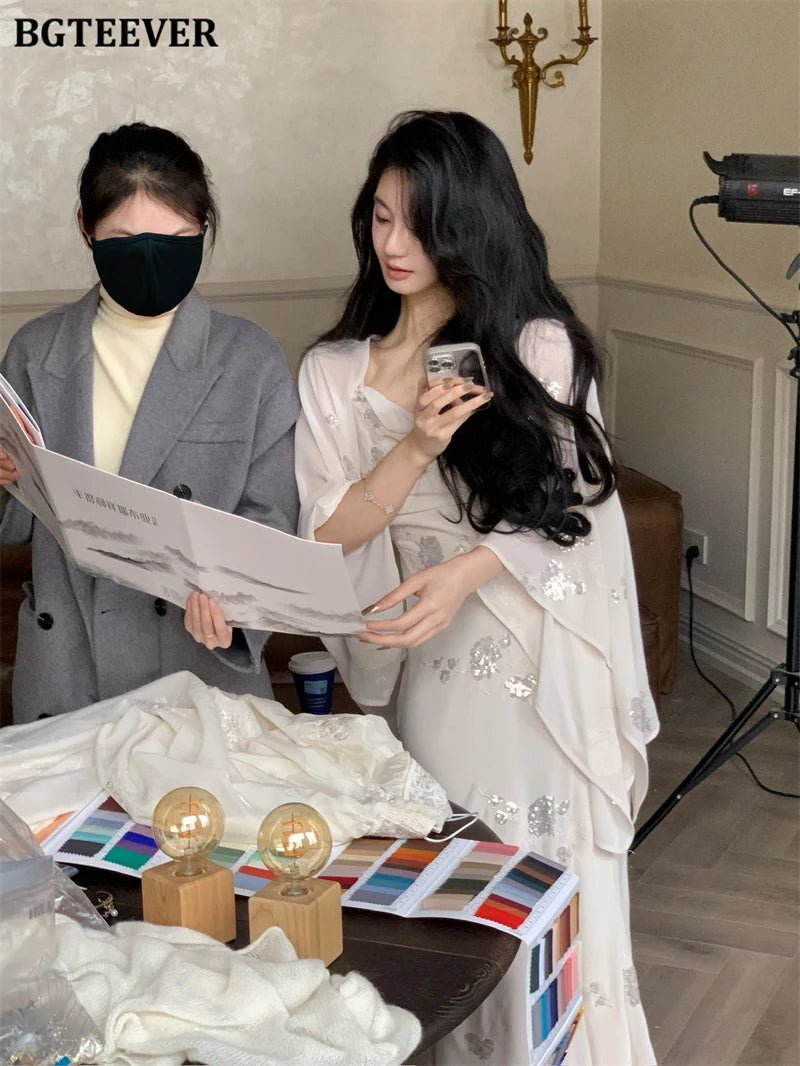 BGTEEVER Autumn Winte Slim OL Embroidery Set Long Sleeve Cardigans & Spaghetti Strap Package Hip Dress Ladies 2 Pieces Set