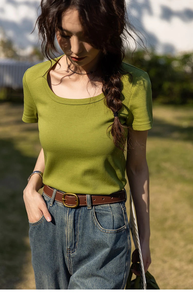 MISHOW Short Sleeve T-shirts Women Spring Solid Square-neck Top Elegant Woman Clothes Office Lady Cotton Tees MXC12T0641